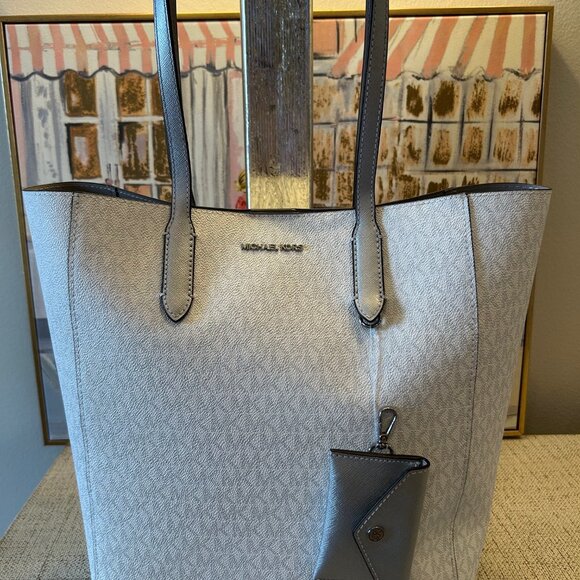 Michael Kors Vincent Large PVC & Leather Tote w/ Attached Card Holder Charm Bag