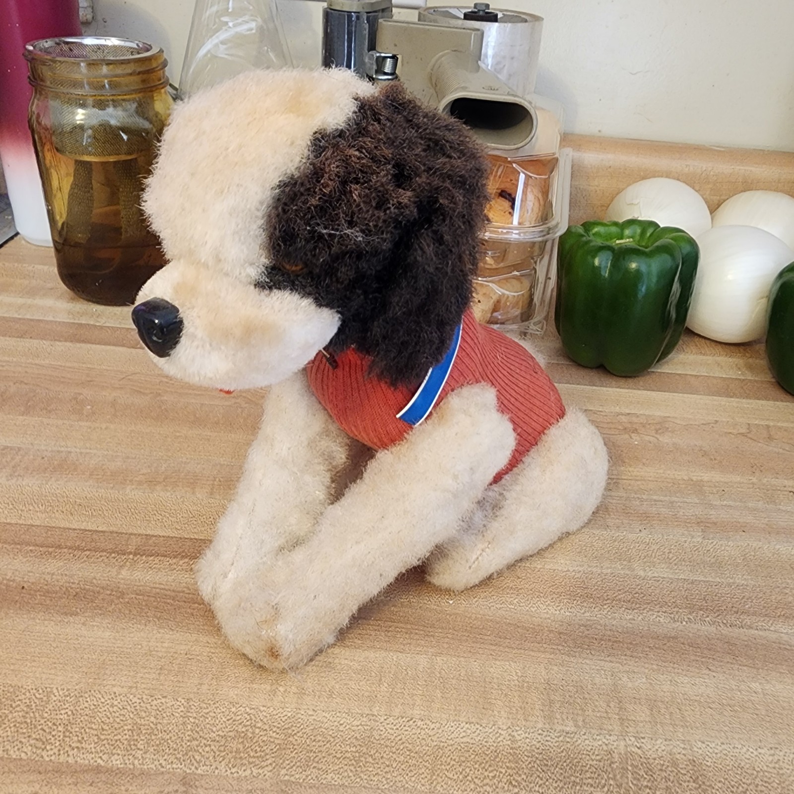 Vintage Antique mohair bobble head nodder dog with sweater moving legs