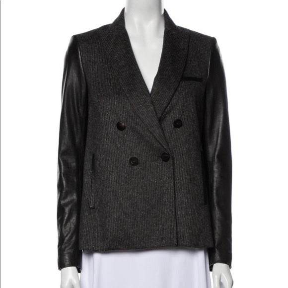 Veronica Beard Mixed Media Wool Leather Double Breasted Blazer Jacket 2