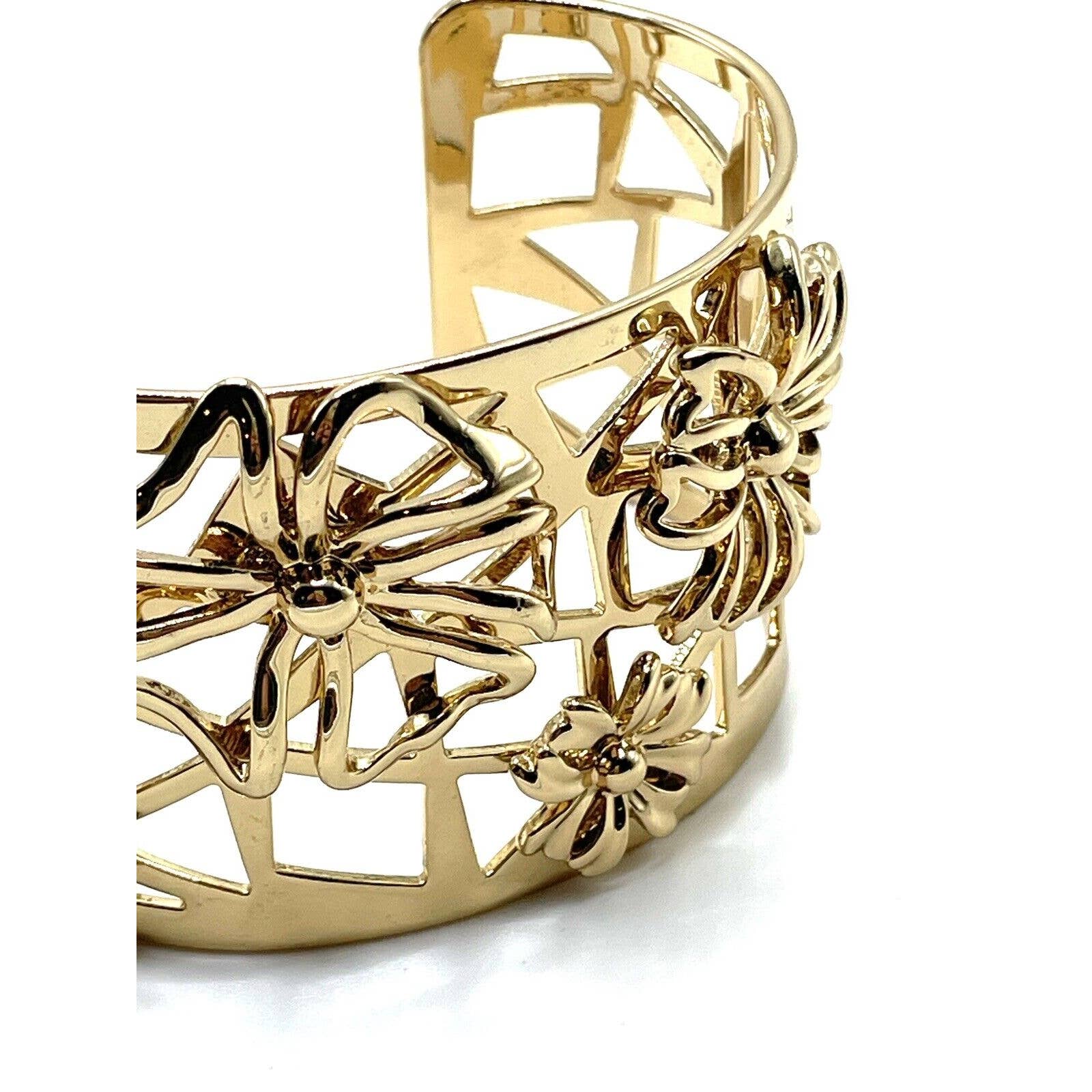 Avon Nina Ricci Gold 3D Floral Geometric Wide Cuff Bracelet Vintage