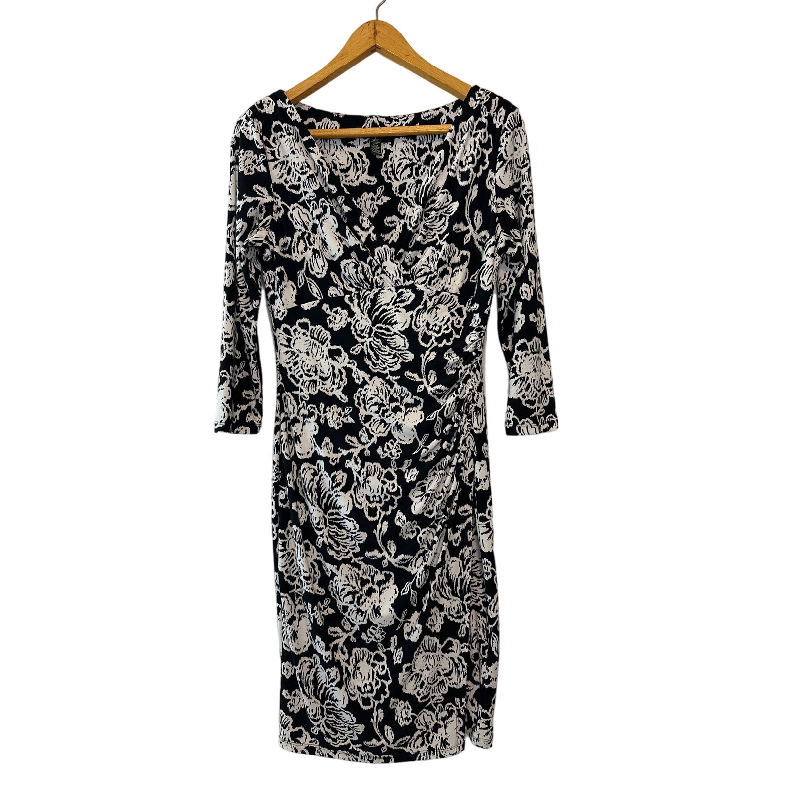 Lauren Ralph Lauren Black & White Floral Print Faux Wrap Midi Dress Size 6