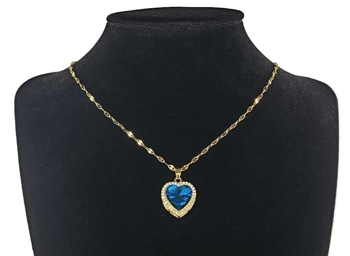 18K Gold Womens 1ct Diamond 2ct Blue Sapphire Gemstone Heart Necklace Jewelry