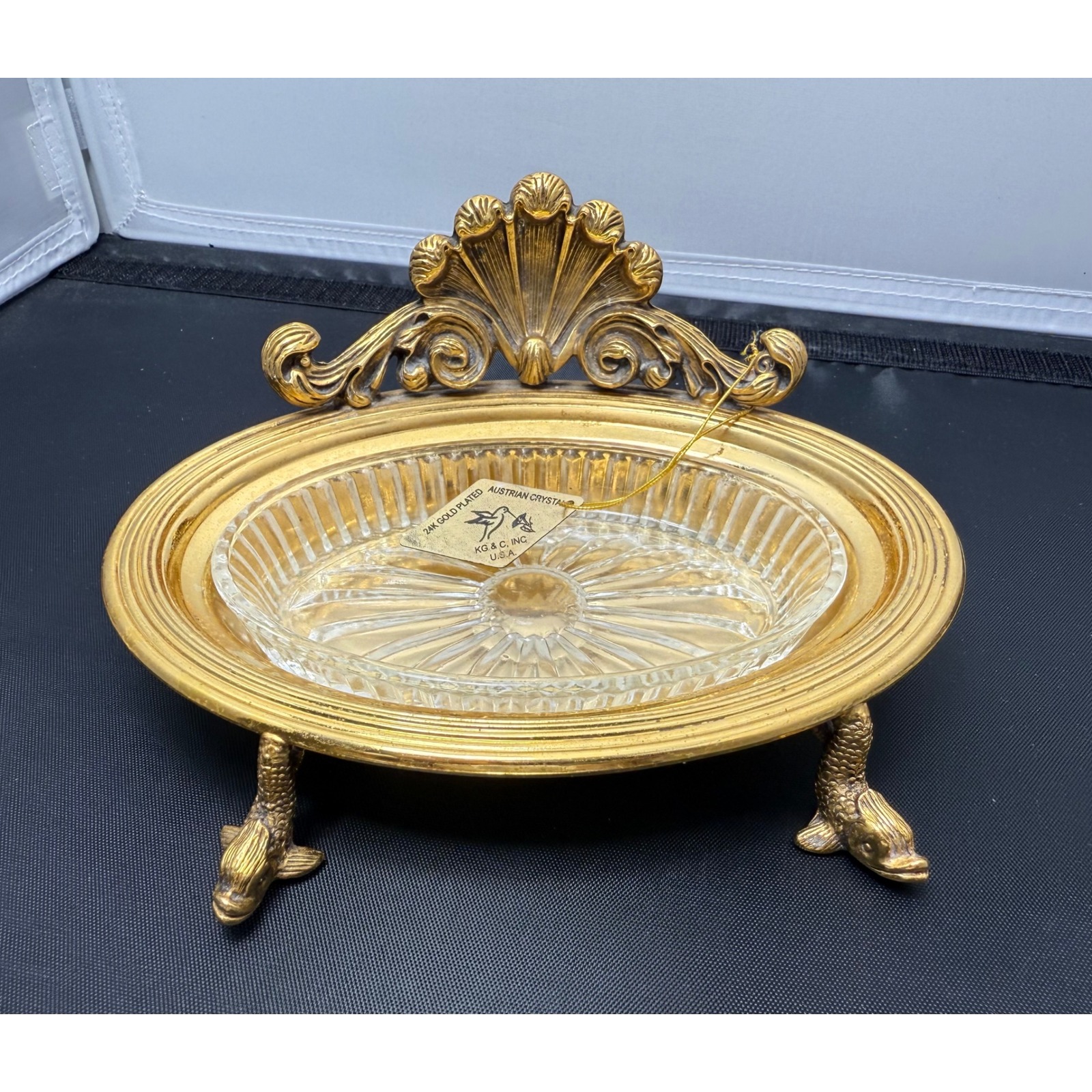 Vintage soap Dish 24K Gold Plated Austrian Crystal fish Feet ashtray 6