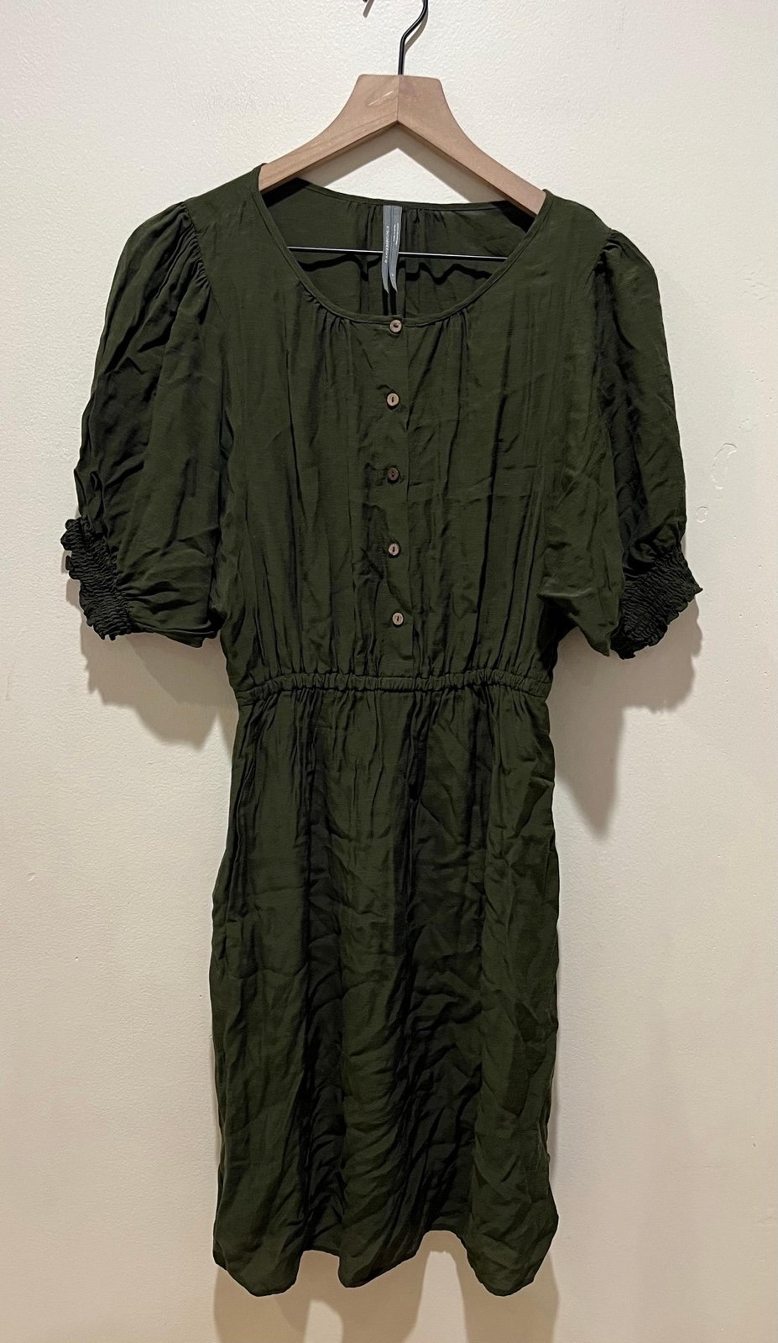 by Anthropologie Nicole Linen Dark Forest Green Puff Sleeve Midi Dress - Small