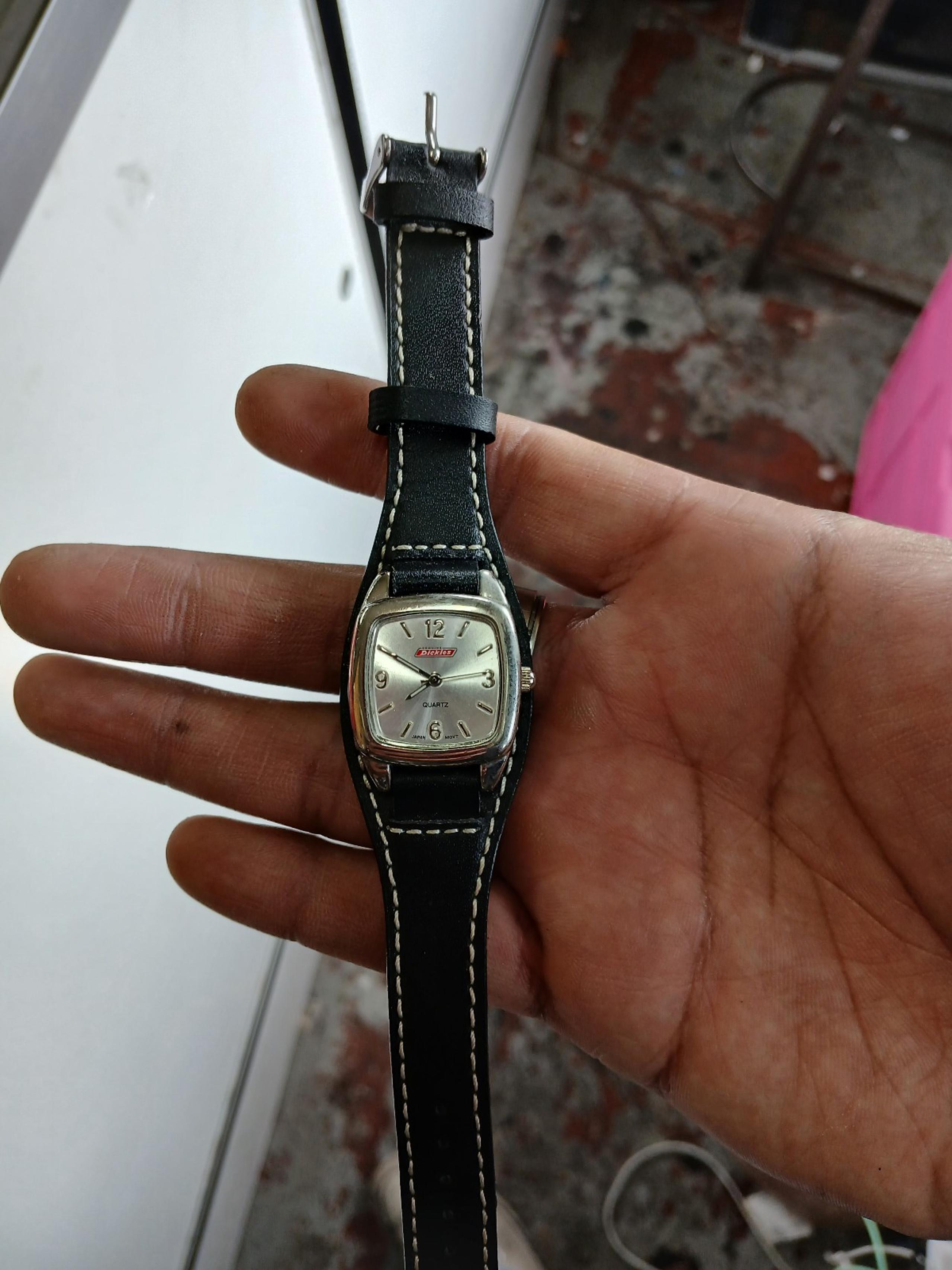 Dickies Watch Womens 24mm Square Silver Tone Leather Cuff Band