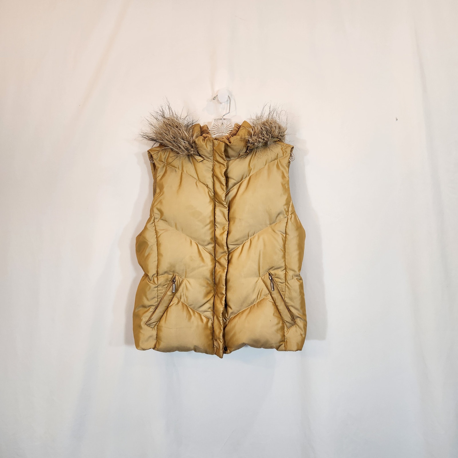 (R)ELATIVITY Gold Faux Fur Trim Hood Duck Down Feather Puffer Vest Women Large