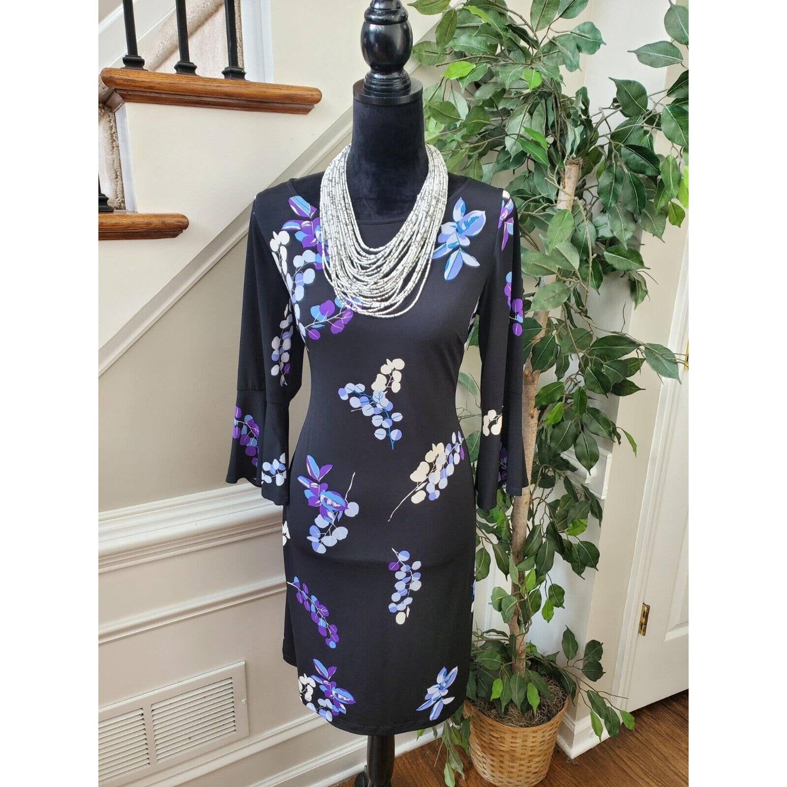 Roz & Ali Black Floral Round Neck Long Bell Sleeve Knee Length Dress Size 6