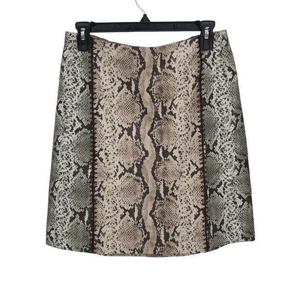 Etcetera Snake Print Mini Pencil Skirt Faux Leather Lined Size 4 Tan Sage Green
