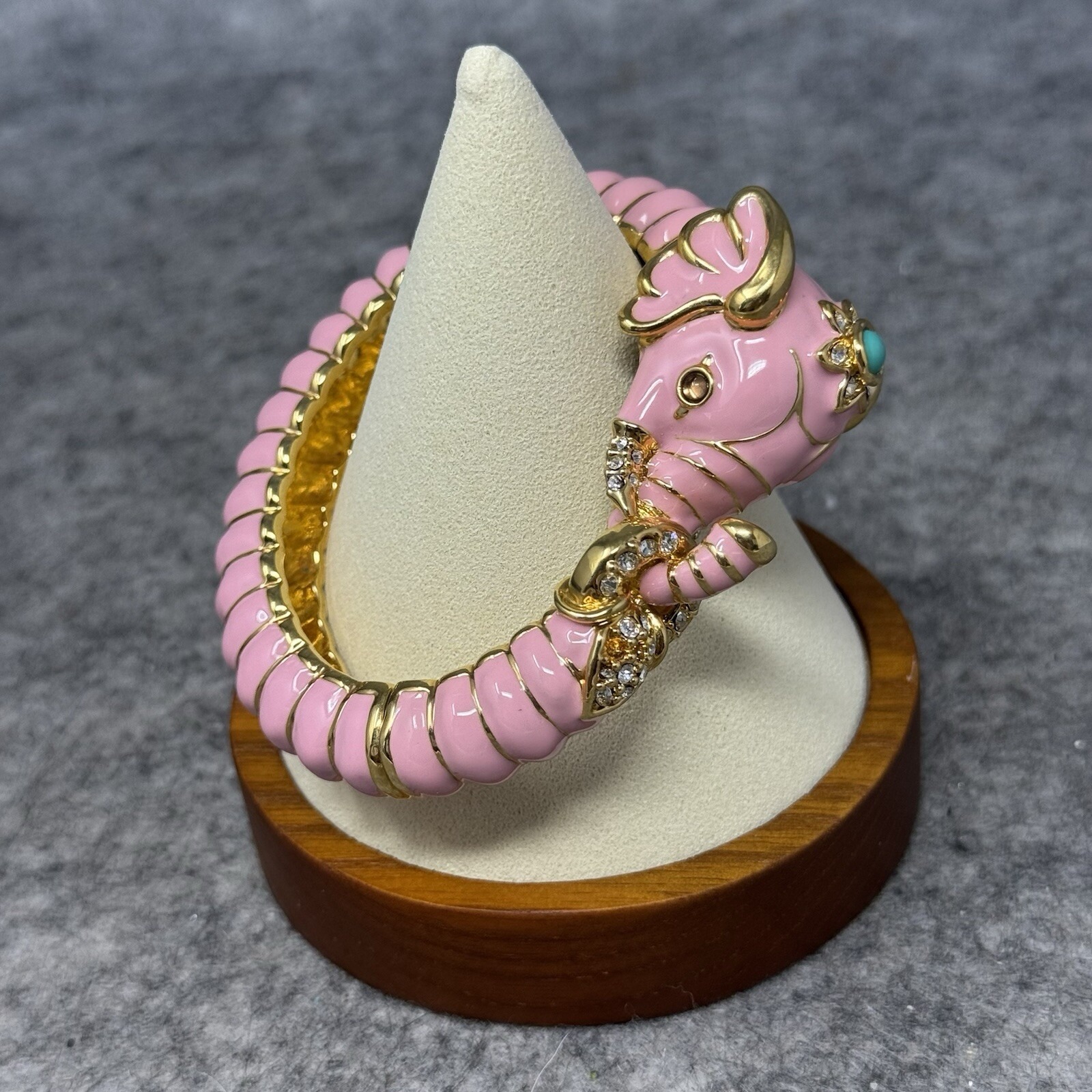 Vintage KENNETH JAY LANE Pink Enamel Elephant Rhinestone Clamper Bangle Bracelet