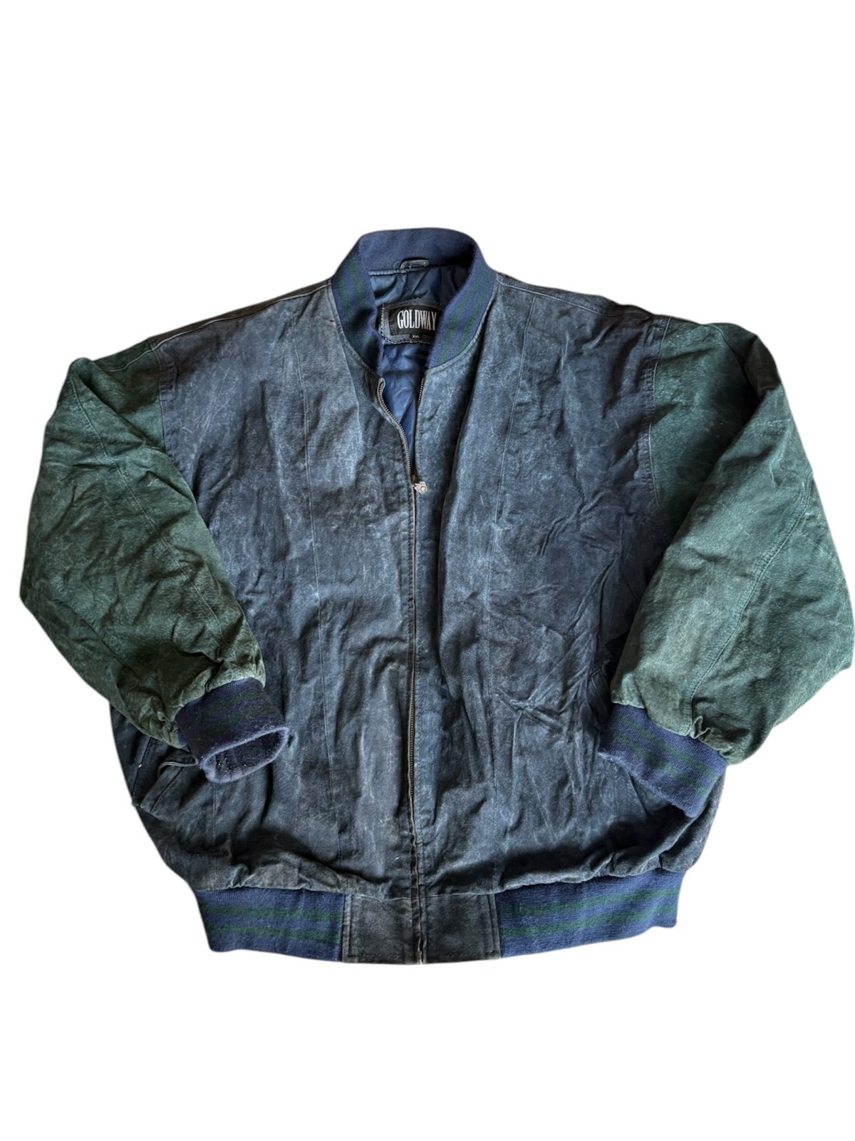 Vintage Goldway Suede Leather Bomber Style Jacket, Blue Green Thrashed Sz XXL