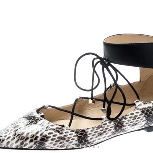 Jimmy Choo Beige Elaphe Skin And Black Leather Glisten Ankle Cuff Pointed Toe