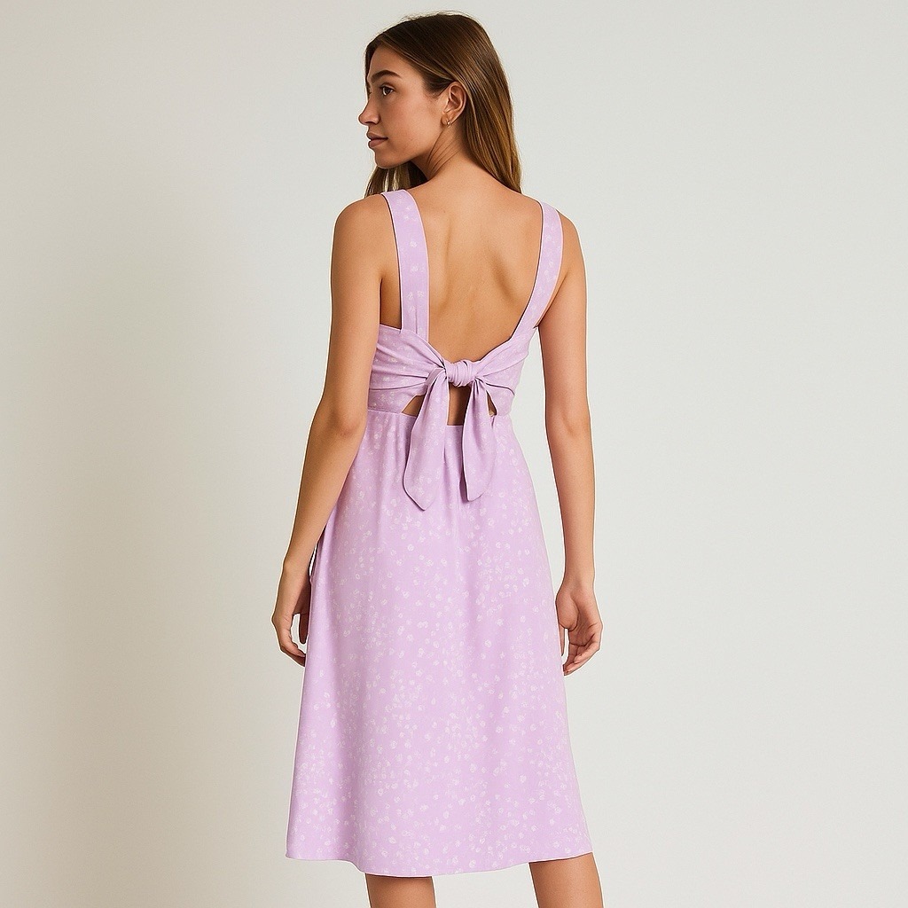 Pact Fit & Flare Tie Back Floral Dress Size L Lavender Cottage Flirty Feminine