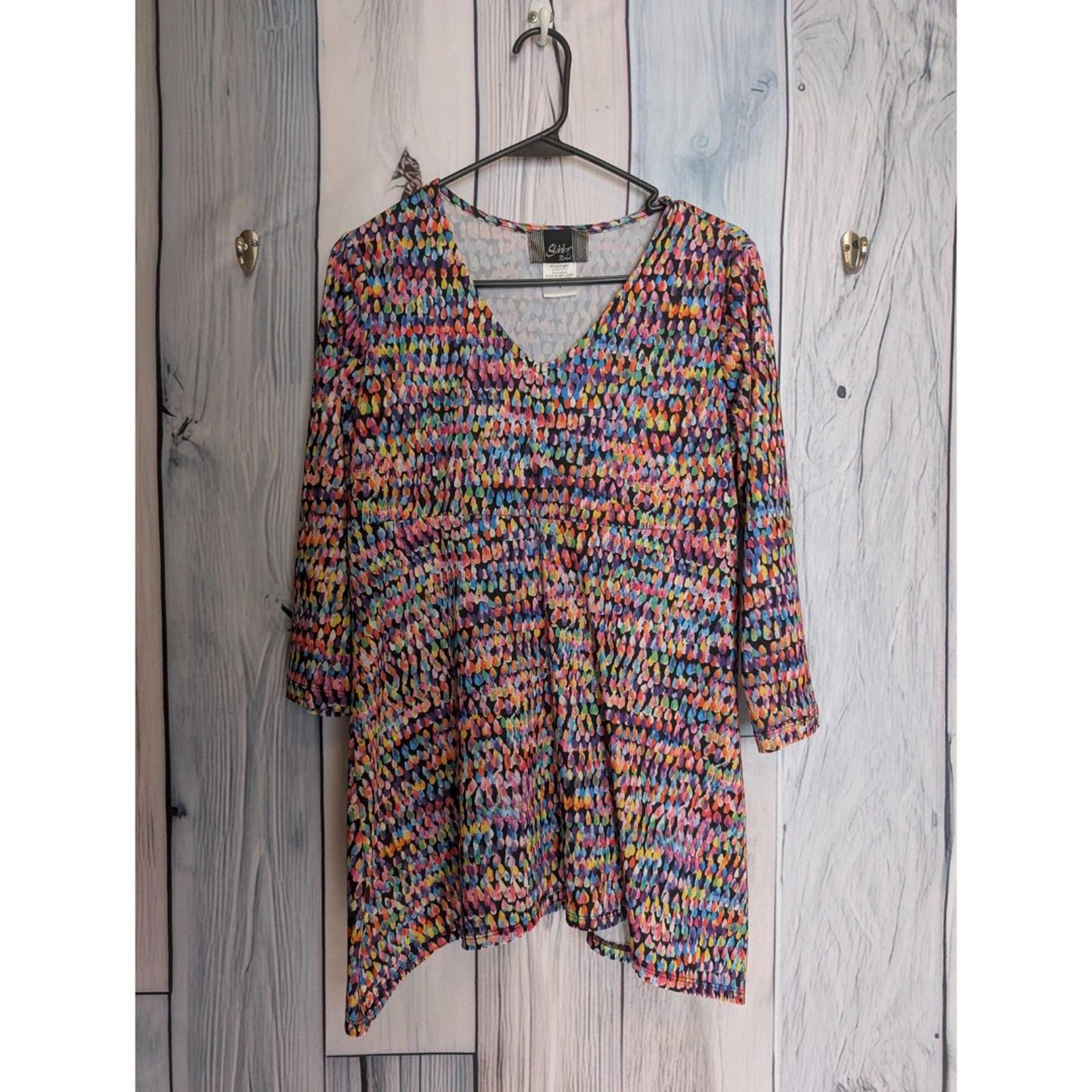 Women's Slinky Brand oversized funky rainbow geometric tunic top size Small