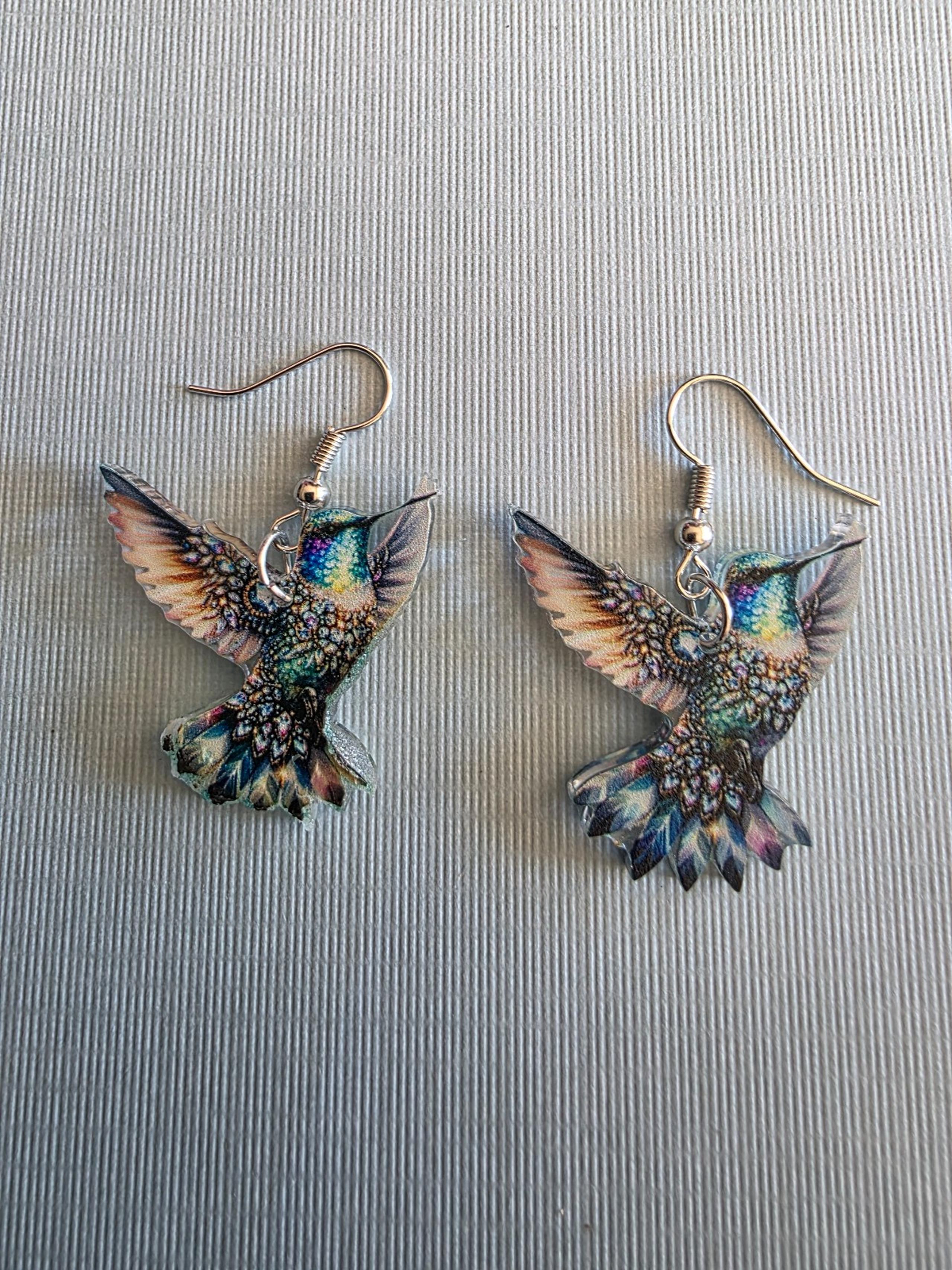 Humming Bird Acrylic Earrings Double Sided Brand New