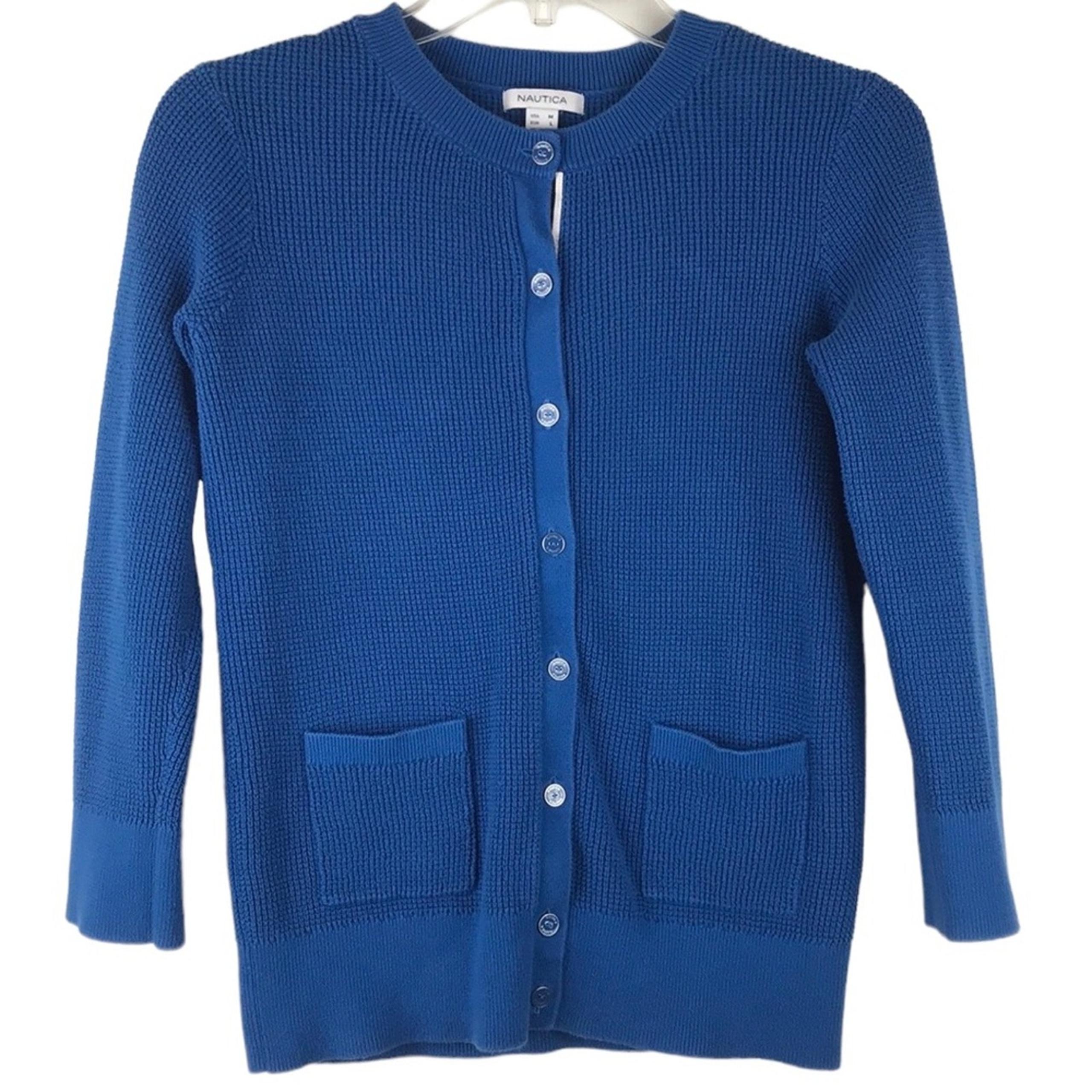 Nautica Sweater Knit Cardigan Cotton Branded Button Front Pockets Blue Sz Medium