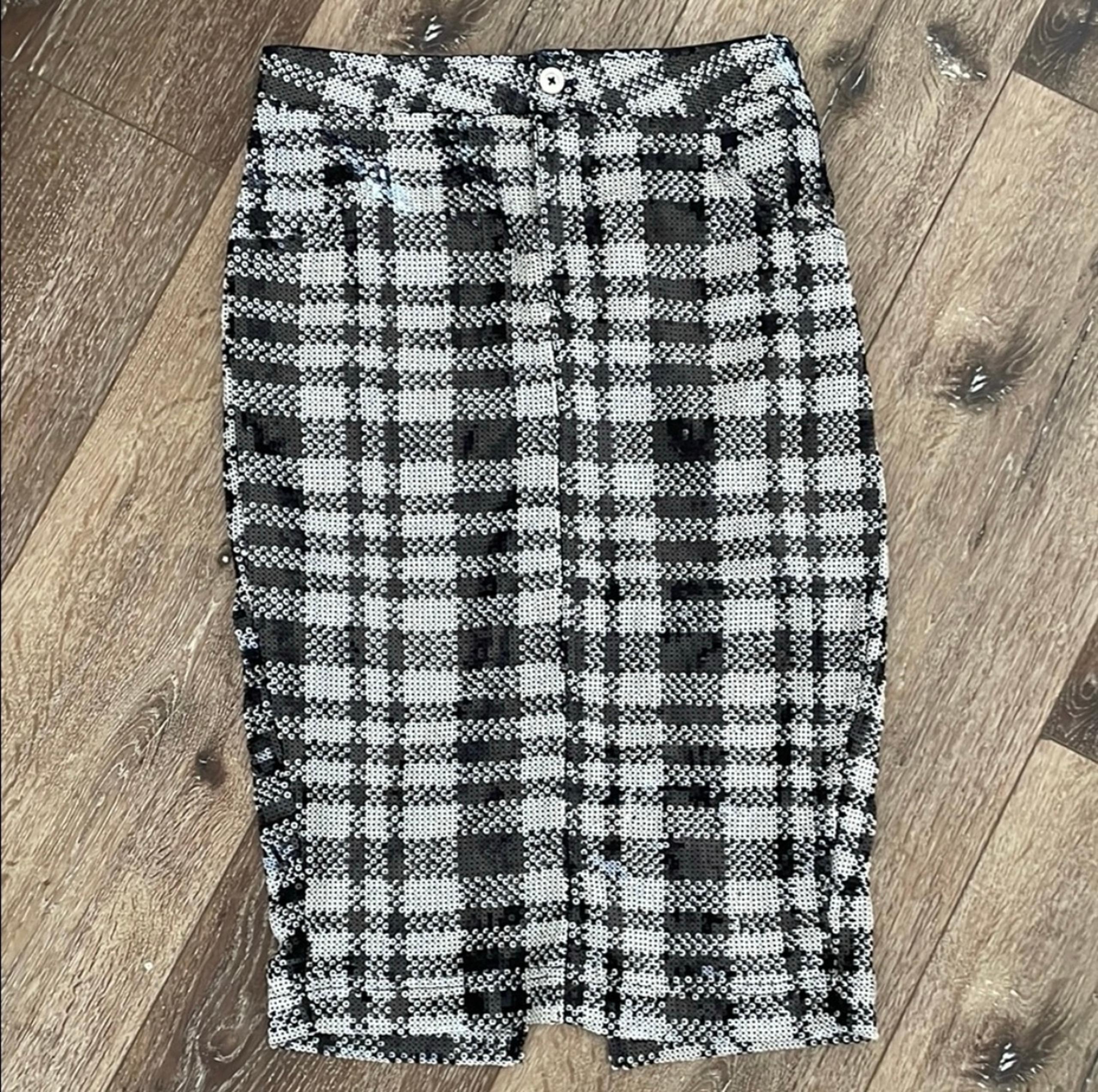 NEW Anthropologie Pilcro Sequined Black and White Plaid Pencil Skirt