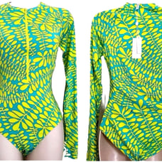 Trina Turk Trillis Turquoise Lime NWT. Zip Front Paddle Swimsuit Rash Guard, M