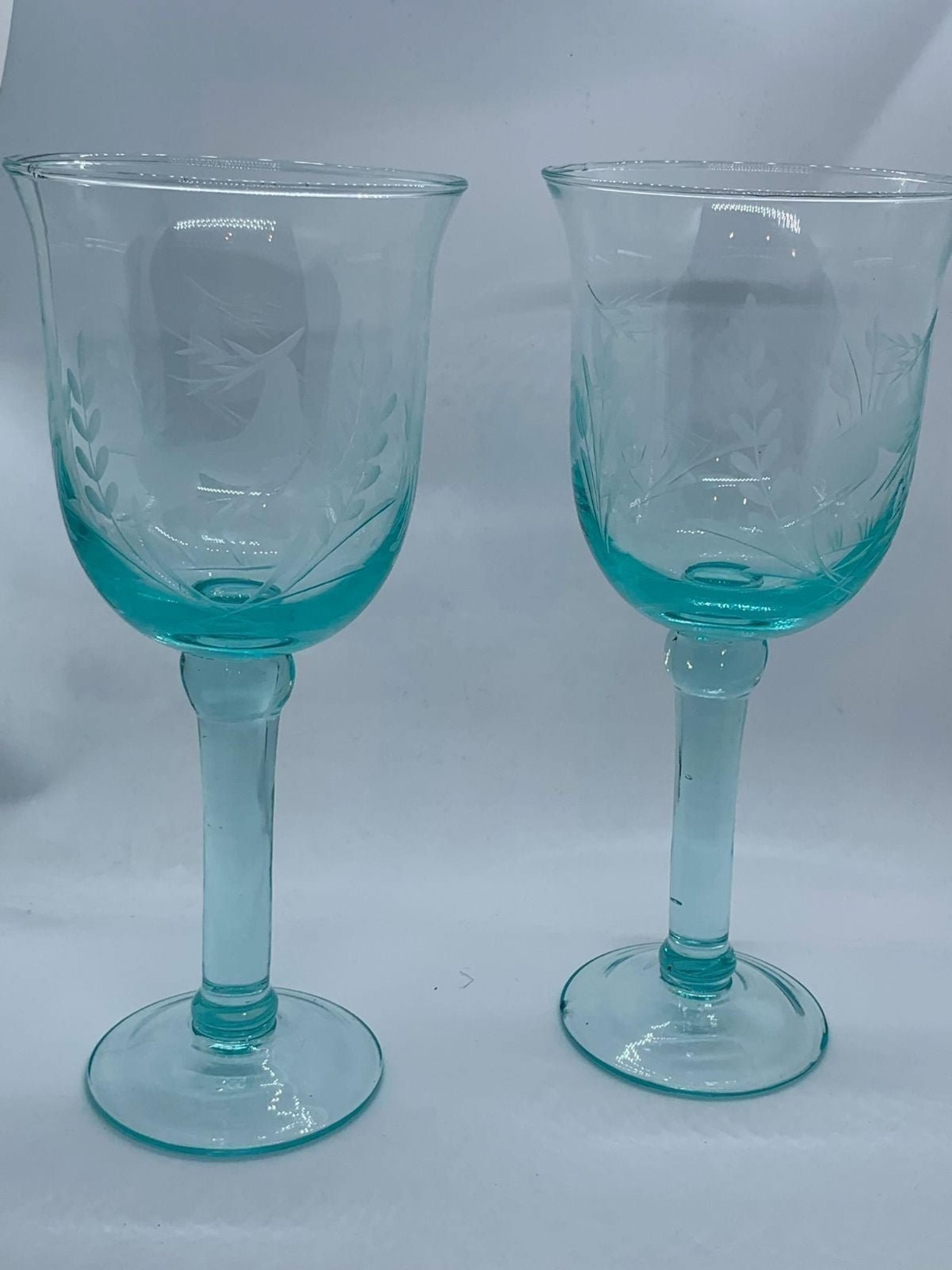 Vintage Deer Etched Tall Sea Glass Goblet/Wine Glasses
