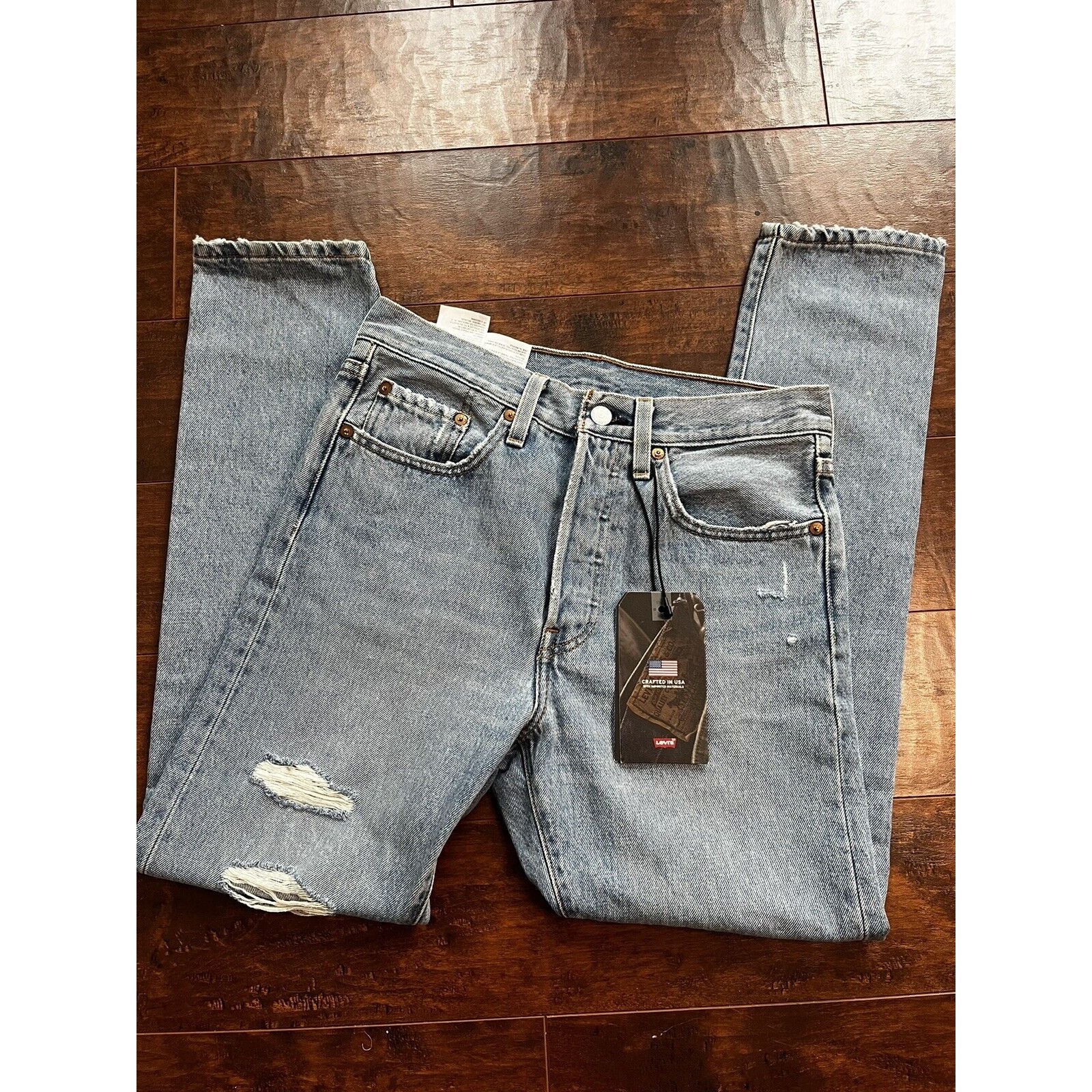 Levis Womens 501 Button Fly High Rise Skinny Jeans Light Wash Distress 26X28