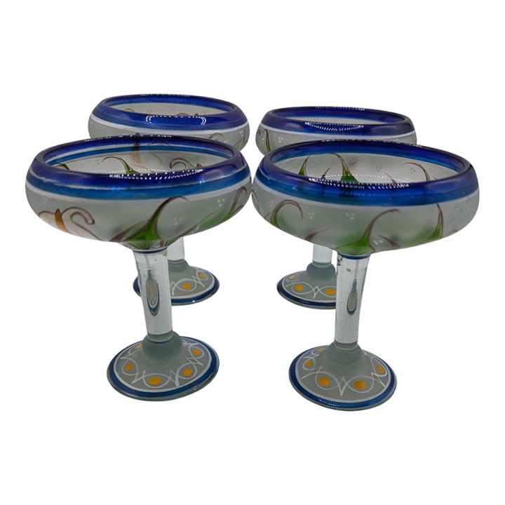 Set of 4 Hand Painted Mexican Blue Rim Margarita Glass White Calla Lilies Lily