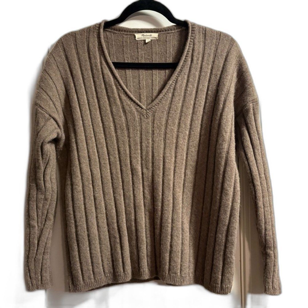 Madewell (Re)sourced Cashmere Stitched-Rib V-Neck Sweater Size Small Brown