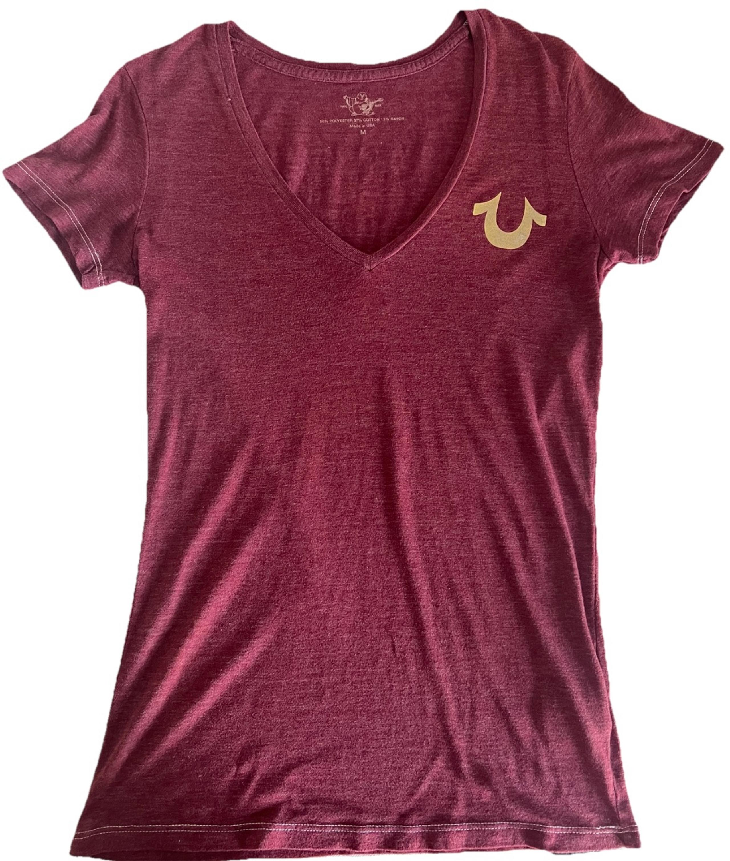 Y2K Maroon Gold Foil True Religion Womens Tee Sz M Logo Buddha Vneck Tshirt Red