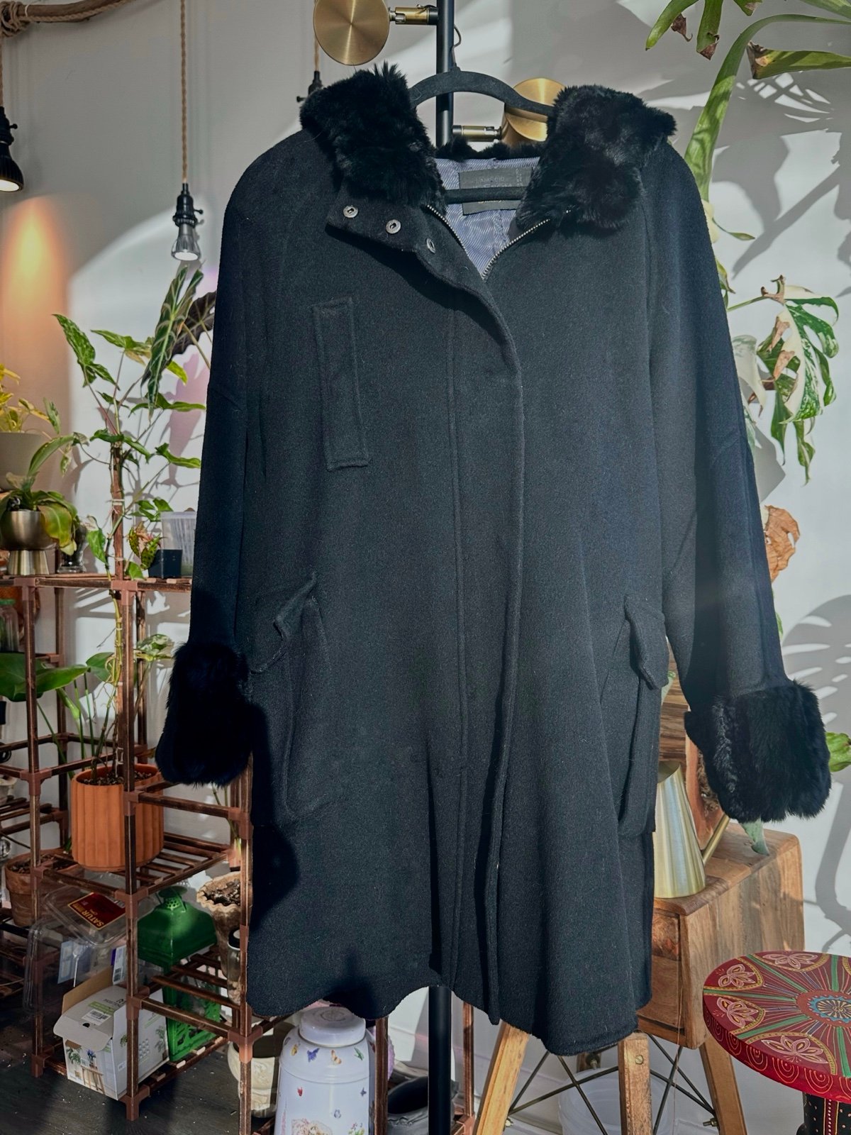 Hooded Wool Coat with Fur Hat