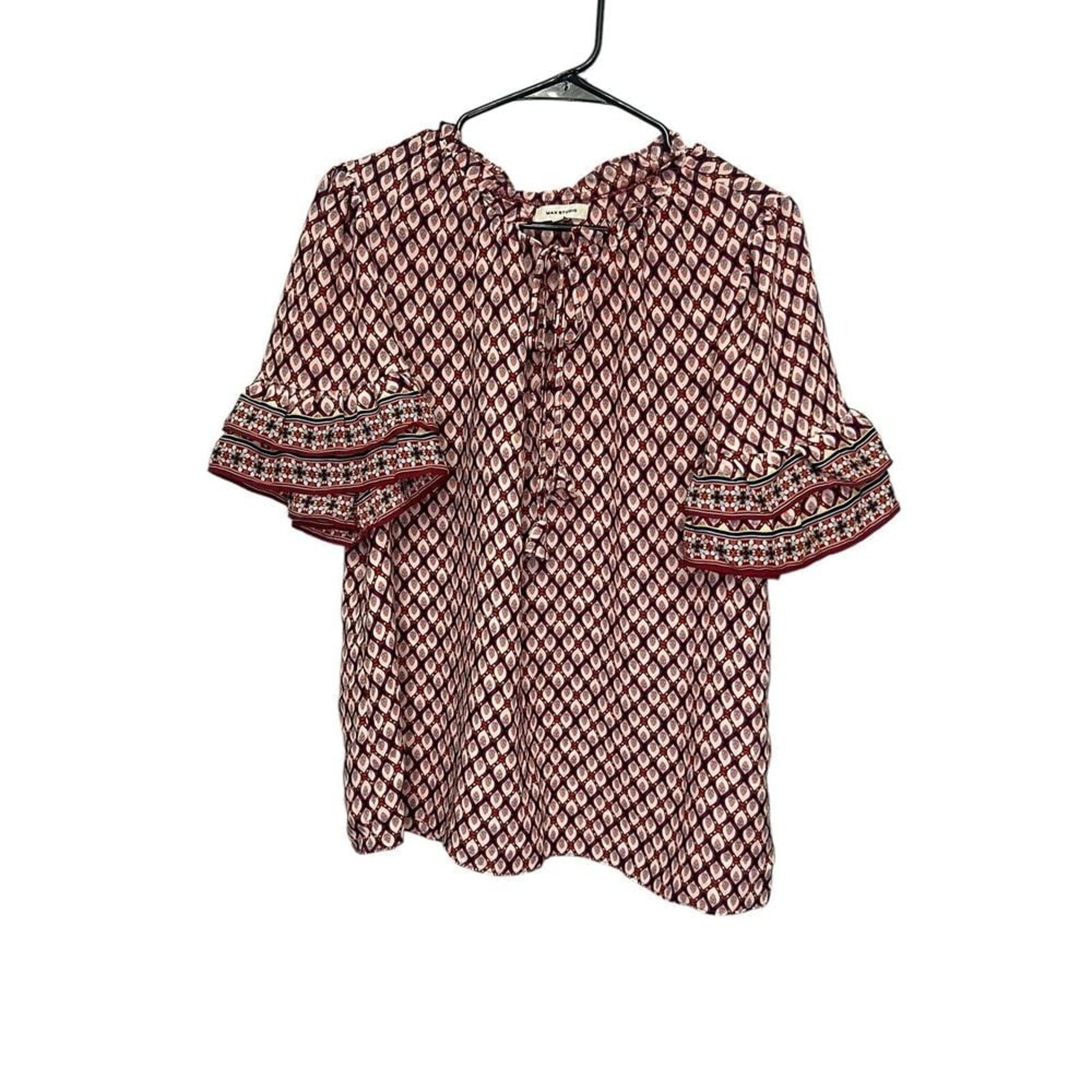Max Studio Tunic Blouse XL Geometric Print Lightweight Boho Tie Neck Top