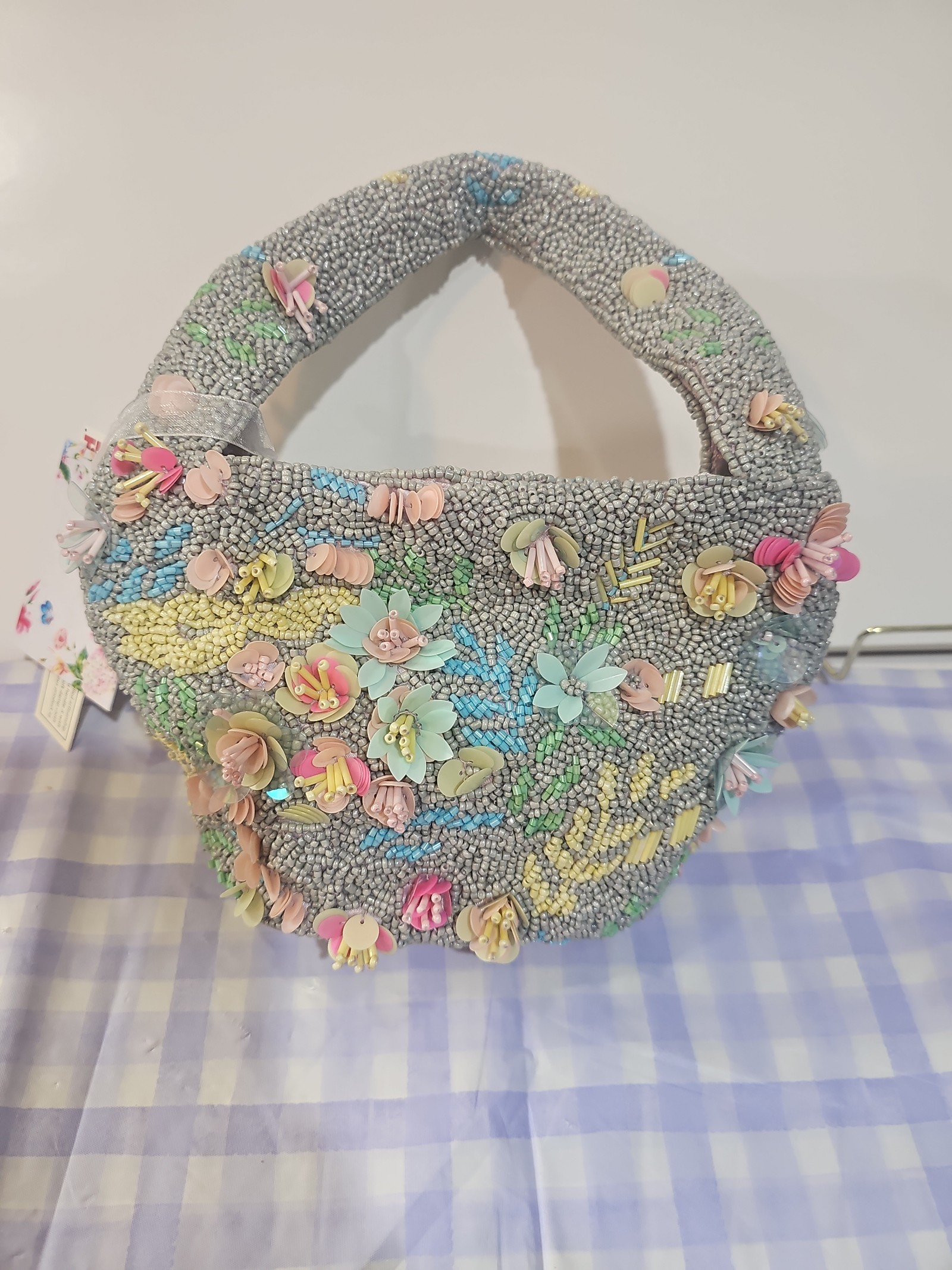 Gray with pastel flowers beaded bag. Tiktok viral. Handcrafted by INDIA