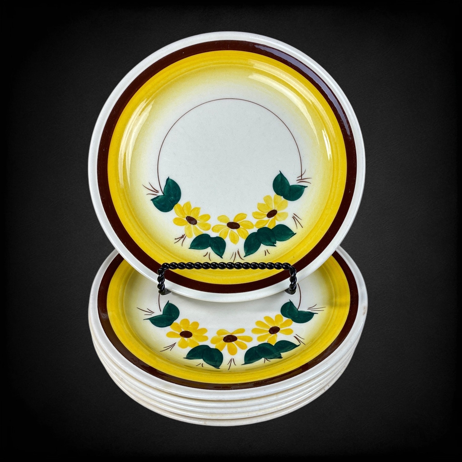 6 Vernonware Vernon Kilns Brown Eyed Susan Salad Plates Metlox 1940s 50s