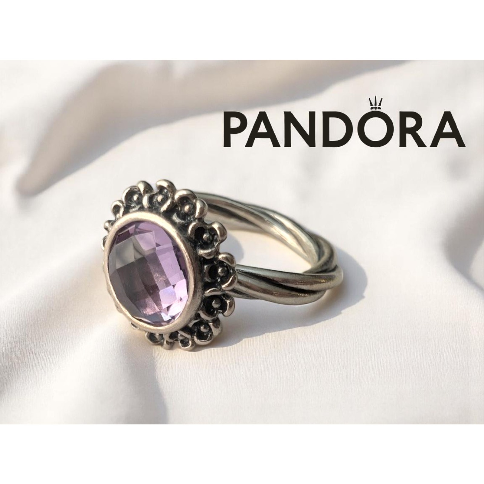 Pandora Sterling Silver Ring with Purple Stone – Vintage Floral Design – NWOT 54