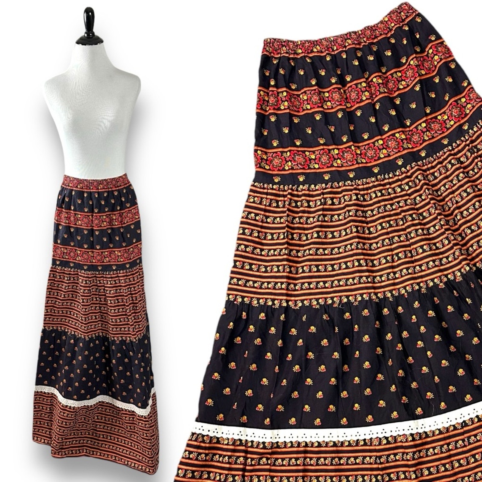 Vintage 70s Western Bohemian Prairie Maxi Skirt Size 11 Floral Lace Hippie Fall