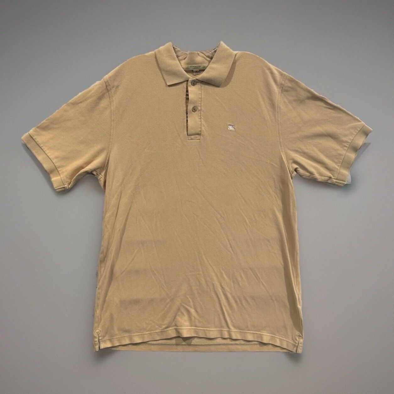 Burberry London Mens Polo Shirt Sz Medium Classic Fit Beige Check Tartan Logo
