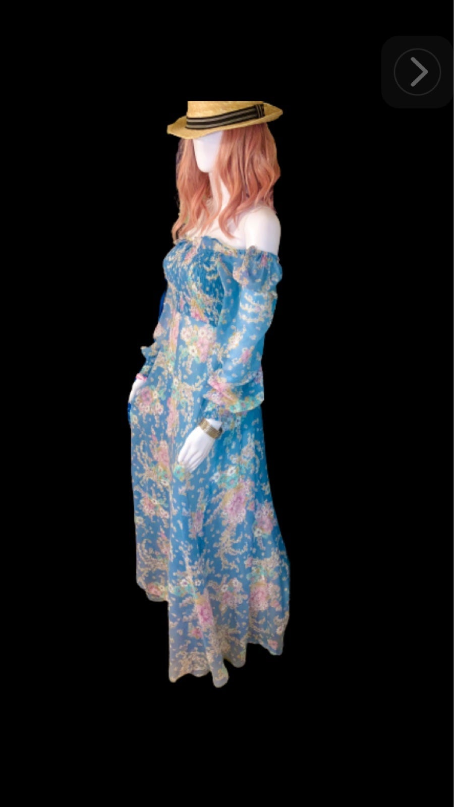 1970’s Jody T. of California Vintage Women’s Smocked Blue Floral Maxi Dress US 9