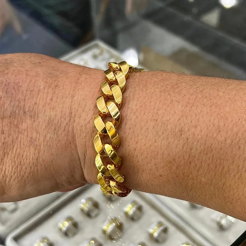 Fine Jewelry 18Kt Yellow Real Gold Link Bracelet, Hallmark Stamped Handmad