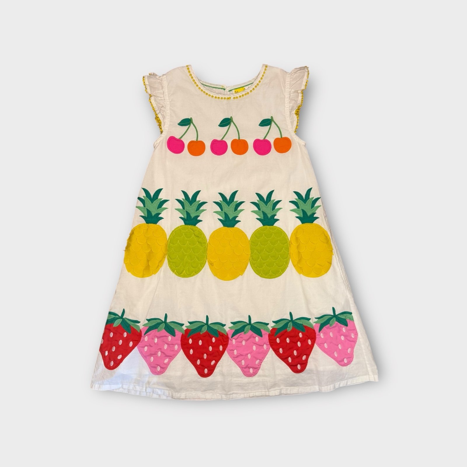Mini Boden Cherry Pineapple Strawberry Fruit Applique White Dress