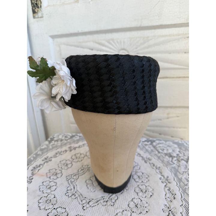 Vintage 40's Black Fabric Basket weave Pill Box Hat White Flower
