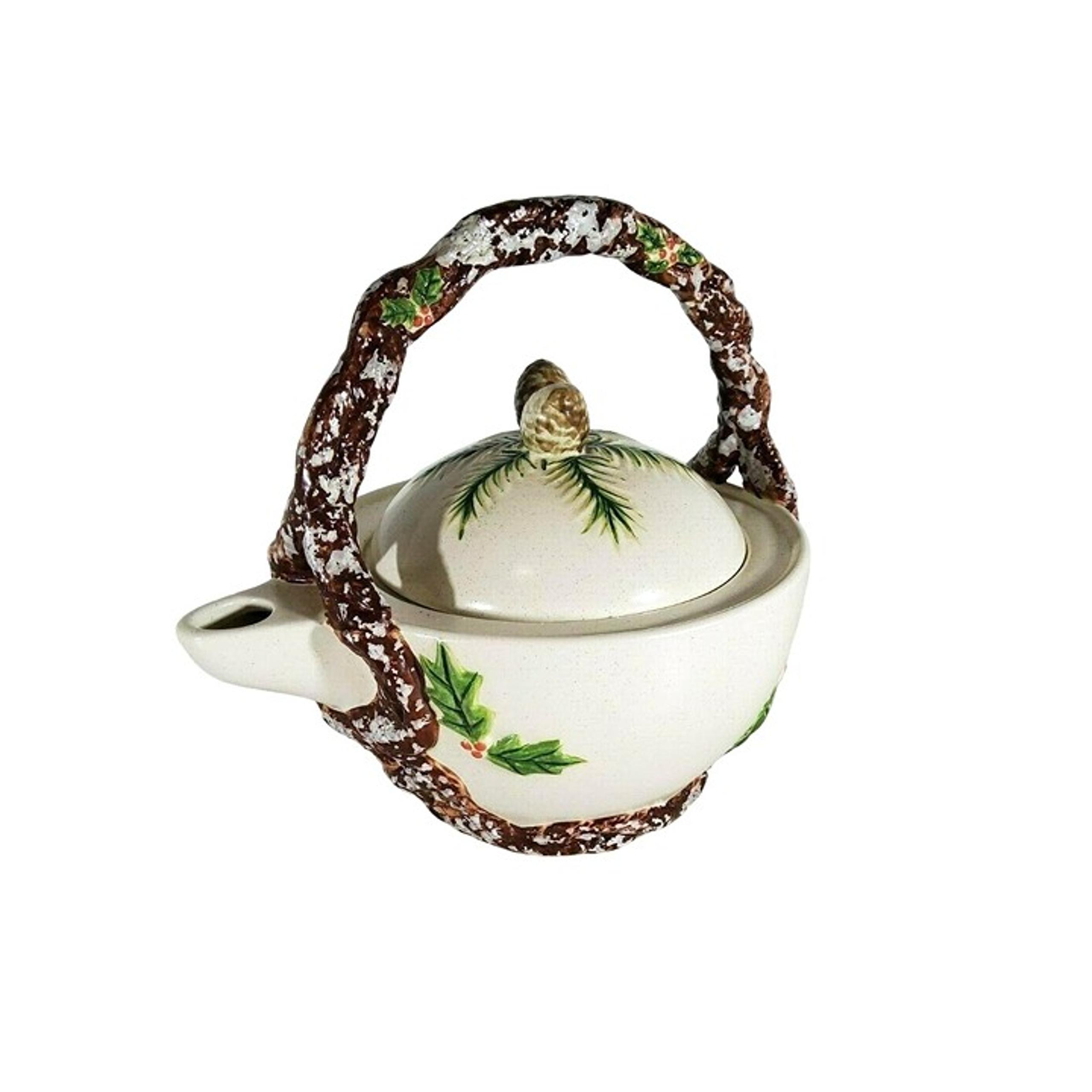 Vintage Ceramic Teapot With Winter Woods Pinecone Design & Textured Brown Handle