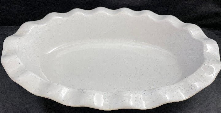Oval Dish 12 x 8 Cream Color Stoneware Tiny Blue Speckles Quiche or Casserole