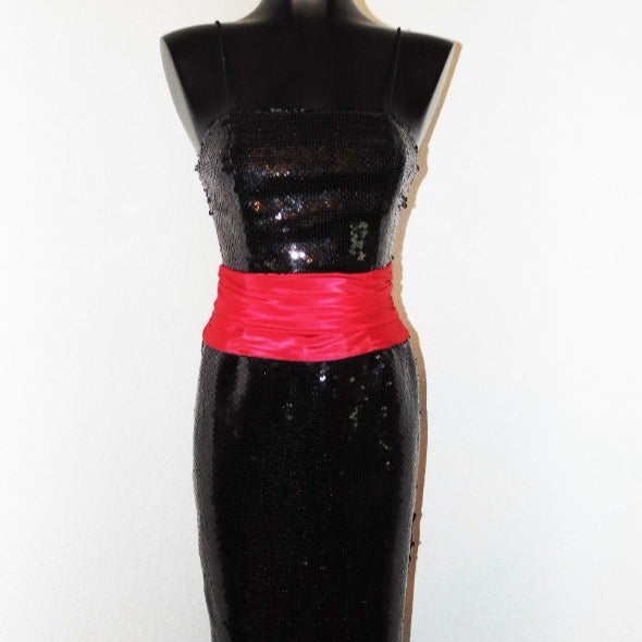 Vtg 80s Black Sequin Dress w/Satin Red