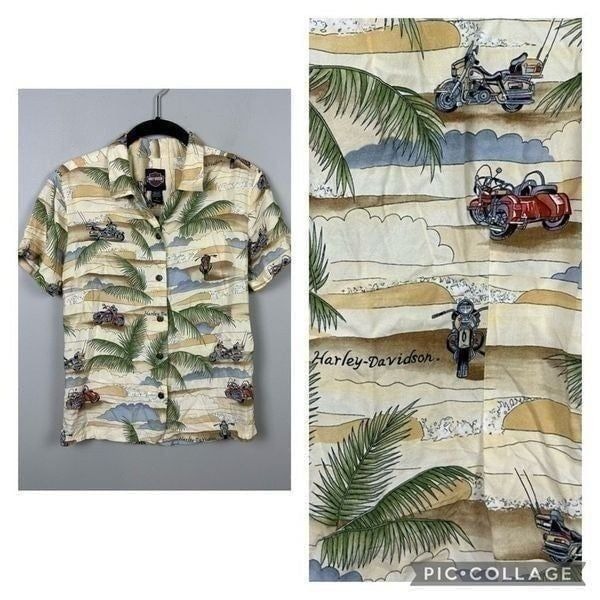 Harley-Davidson Hawaiian tropical beach printed button down rayon shirt