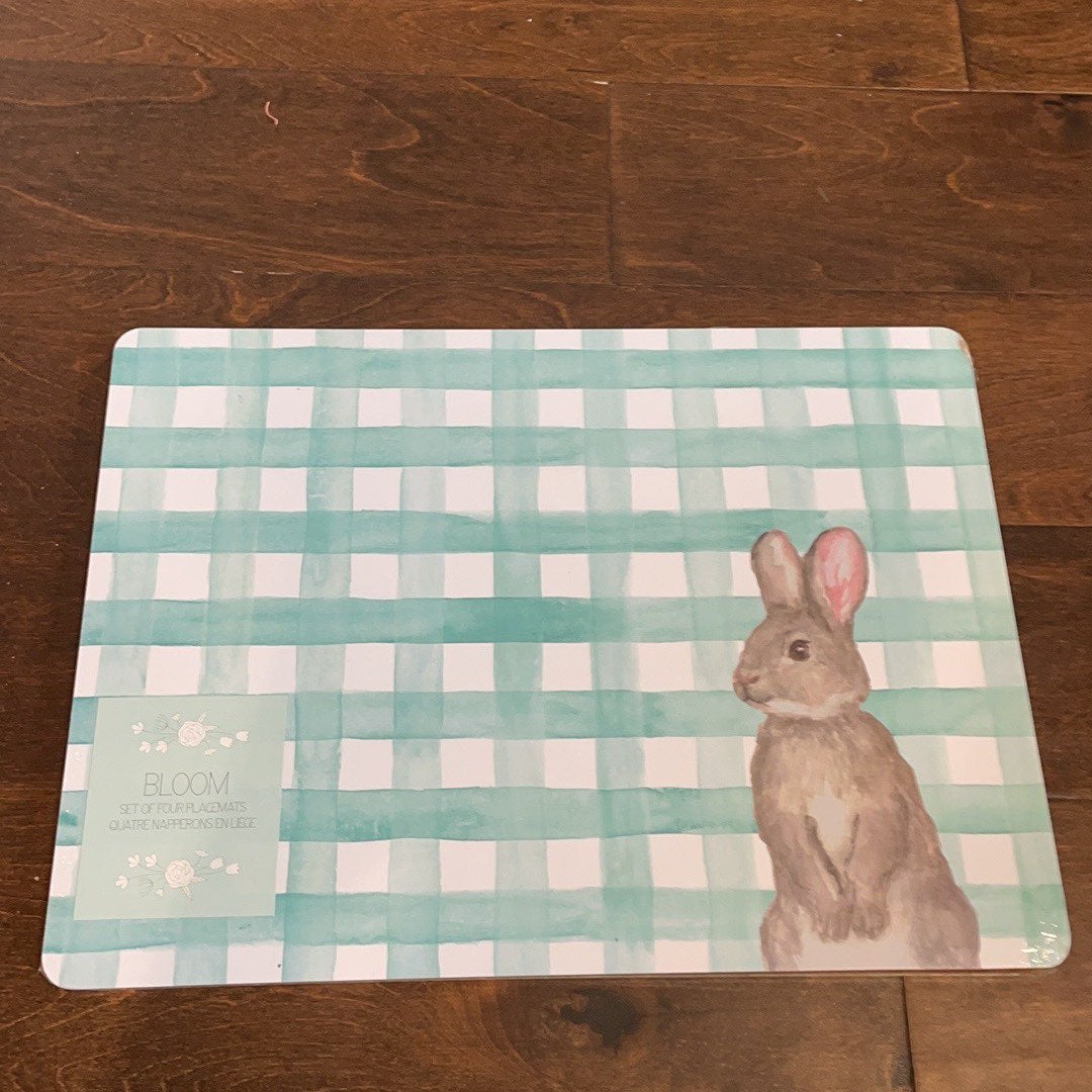 Set of 4 Easter Bunny Rabbit Plaid Colorful cork Placemats New 16”x12” New