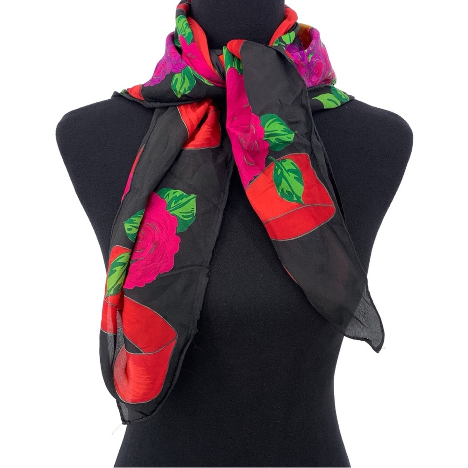 VTG LIZ CLAIBORNE Floral Square Neck Scarf Black Red Pink Green