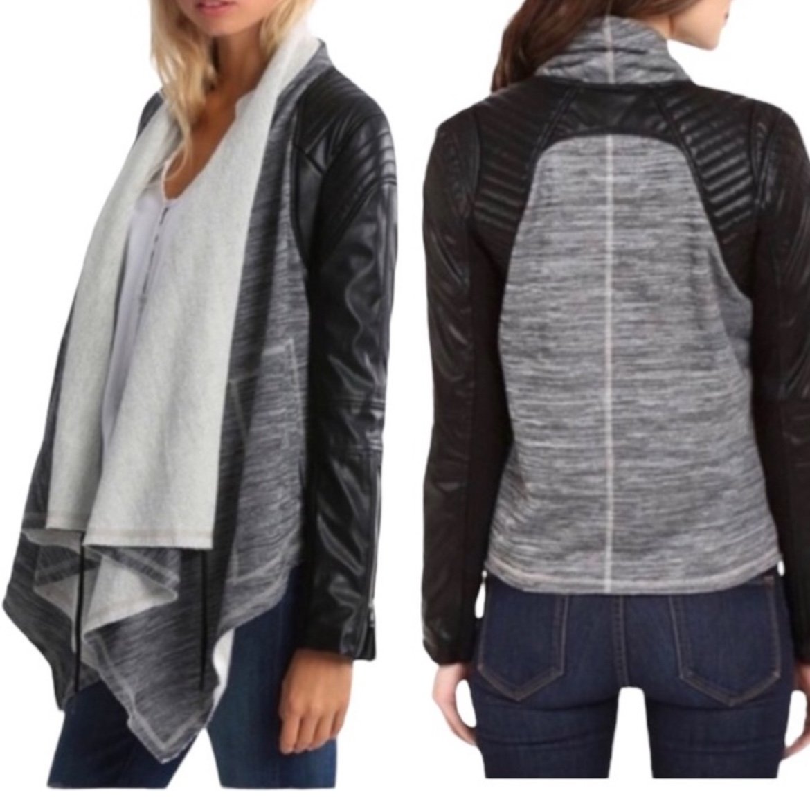 BLANK NYC Dating & Waiting Open Shawl Front Faux Leather Jacket Gray Black XS