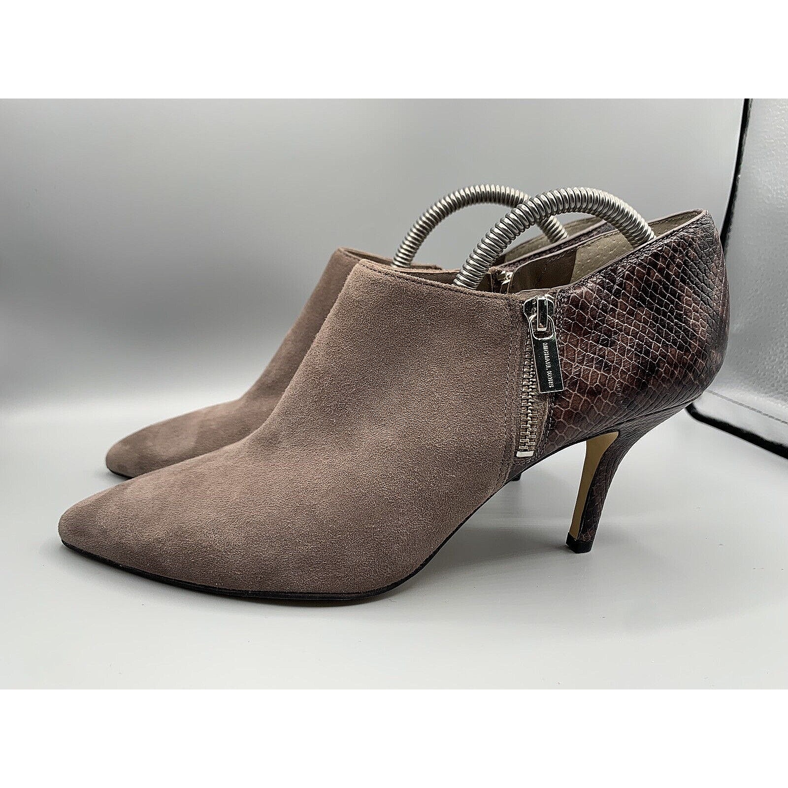 MICHAEL KORS CLARA Dark Dune Suede Snake Print Heel Ankle Booties Women's Sz 9.5