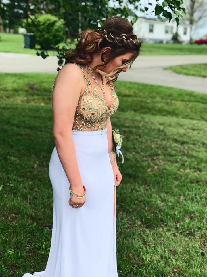 White Long, gold prom dress