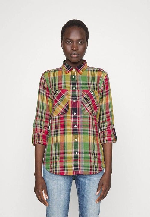 135 LAUREN RALPH LAUREN PLAID LINEN SHIRT PINK YELLOW MULTI SIZE M