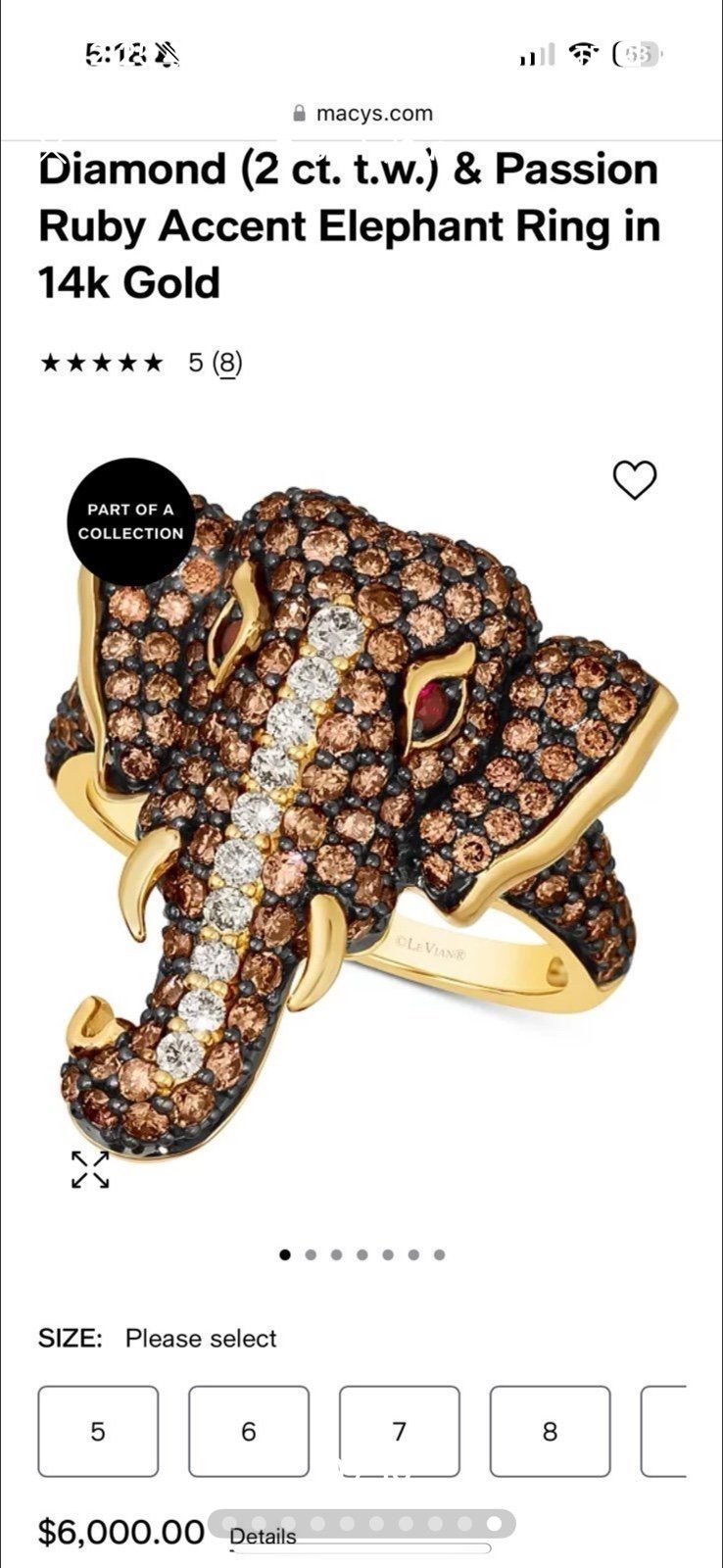 LeVian Diamond and Ruby 14K Yellow Gold Elephant Ring size 8 3/4
