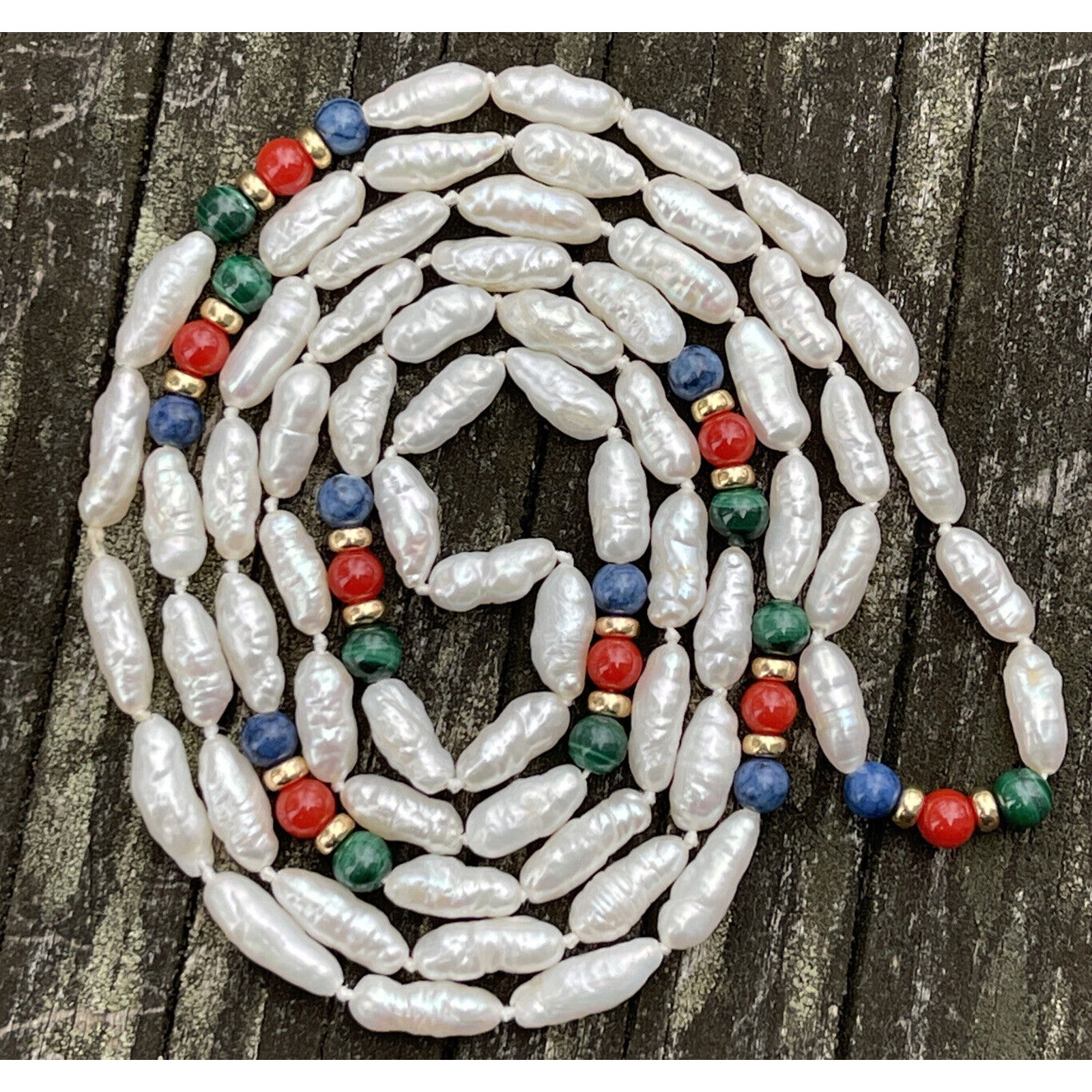 Vintage 14k Gold Beads Rice Pearl Malachite Lapis Estate 32” Necklace vtg