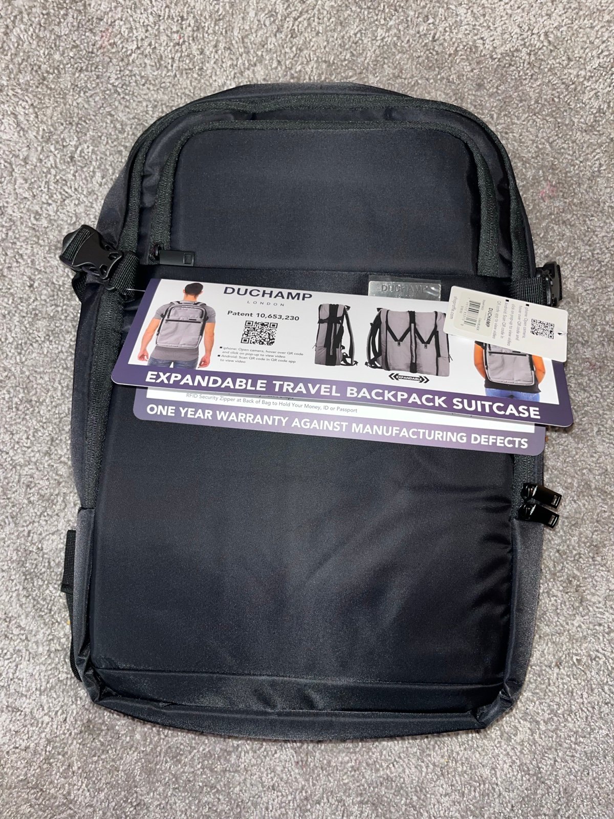 Duchamp London Expandable Travel Black Backpack Personal Item / Carry On Luggage
